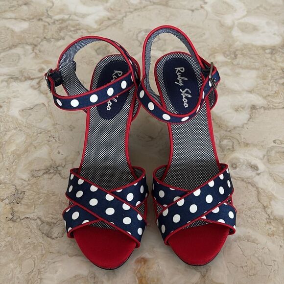 Ruby Shoo Evie Womens Shoes (Navy) Polka Dot Rockabilly Wedge Sandals - Picture 4 of 12